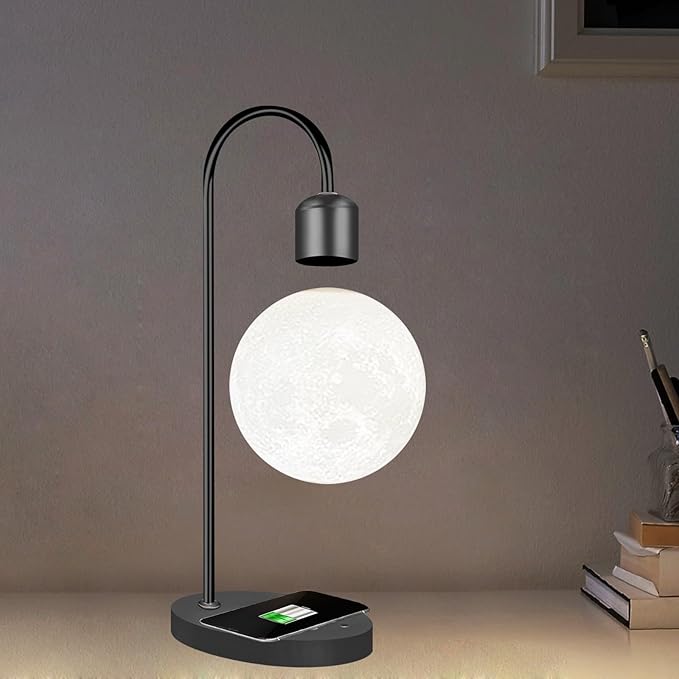 Magnetic Levitation Planetary Light with Wireless Phone Charger, Floating Moon Lamp, 360° Rotating Night Light for Girlfriend, Mom, Birthday, Anniversary(Silver,B)