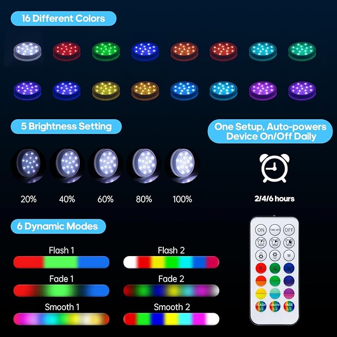 4-Pack Rechargeable Pool Lights with Remote, 16 Color IP68 Waterproof LED Lights for Inground/Above Ground Pools, Hot Tubs - 3 Mounting Options (Magnet/Glue/Suction)