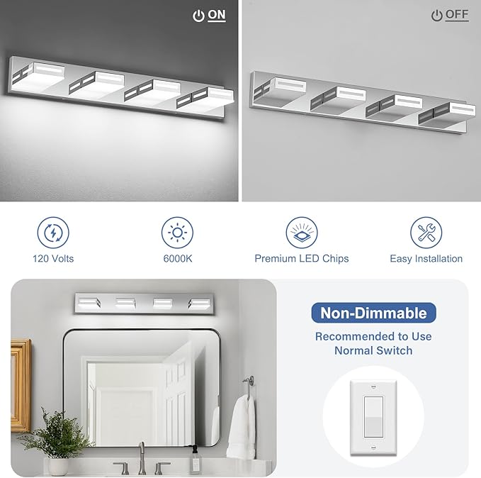 30-Inch 4-Light LED Modern Chrome Bathroom Vanity Light Fixtures Over Mirror, Bathroom Lighting Fixtures with Cool White 6000K, Rotatable Vanity Wall Lights for Bath Restroom Powder Room