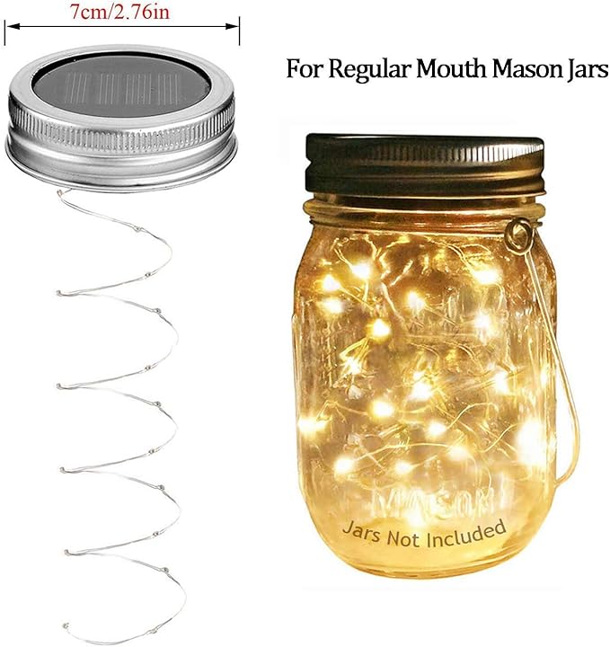 Solar Mason Jar Lights, 6 Pack 20 LED Fairy String With 6 Hangers (No Jars), Waterproof Firefly Lantern for Outdoor, Wedding, Patio, Garden, Party, Christmas Decor (Warm White)