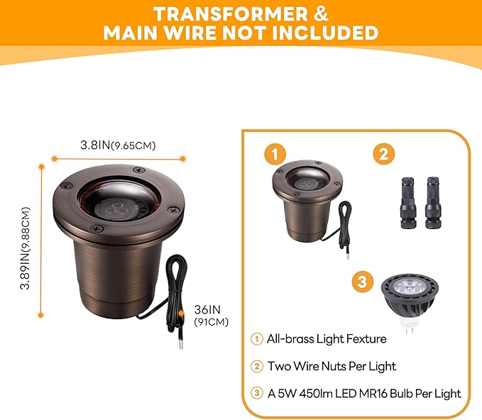 Gardenreet Brass Well Light - IP67 Waterproof Low Voltage In-Ground Outdoor Light, 12V LED Landscape Lighting, Antique Bronze for Pathway Wall Tree with 2700K Warm MR16 Bulb
