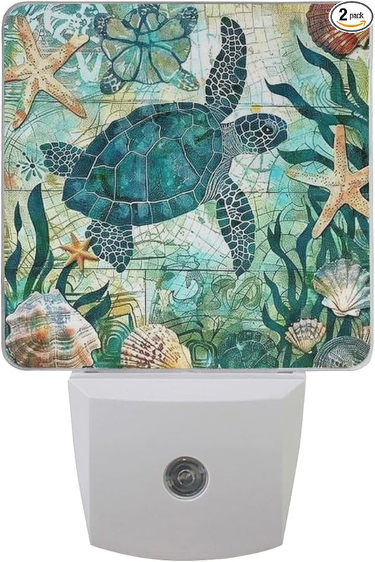 Vdsrup Vintage Ocean Turtle Night Light Set of 2 Sea Starfish World Map Plug-in LED Nightlights Auto Dusk-to-Dawn Sensor Lamp for Bedroom Bathroom Kitchen Hallway Stairs