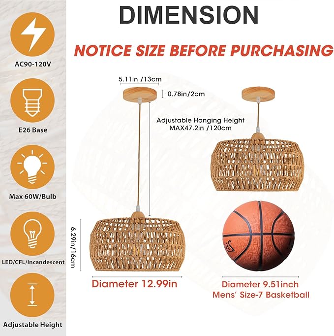 Rattan Pendant Light Fixture Ceiling Bohemian Chandelier Flush Mount Hanging Light 12.99-inch Small Woven Lamp Shade Wooden Base Basket for Kitchen Island Hallway Bedroom Dinning Table