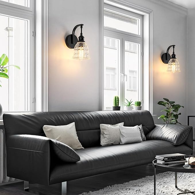 Blck Wall Sconce, Modern Matte Black Sconces Wall Lighting, Vintage Glass Light Fixtures, Indoor Wall Lamps for Bathroom Vanity Mirror Living Room Bedroom Kitchen Hallway Stairway E26 Hardwire
