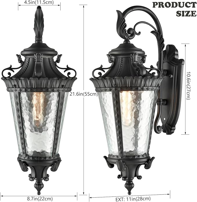 SAMTEEN Black Outdoor Wall Lights Exterior Wall Sconce 21.6" H Water Glass Outdoor Wall Lantern Waterproof Outside Porch Light Fixtures for House Garage Doorway