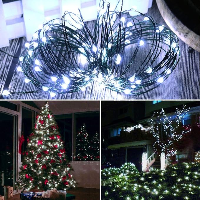 ER CHEN Battery Operated String Lights, 33ft/10m 100 LED Dimmable Fairy Lights with Remote/Timer, Waterproof Green Copper Wire Christmas Lights for Bedroom, Patio, Wedding, Party (Cool White)