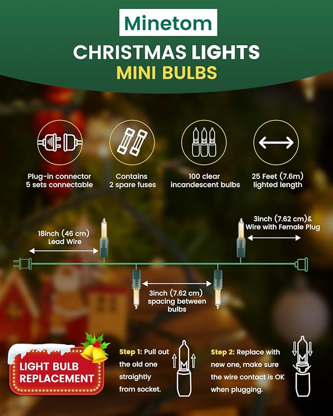 Minetom Clear Christmas String Lights 100 Count 25 Feet Incandescent Bulb Mini Lights for Indoor Xmas Tree Garland Birthday Wedding Party Festival Decoration, Green Wire (Pack of 2)