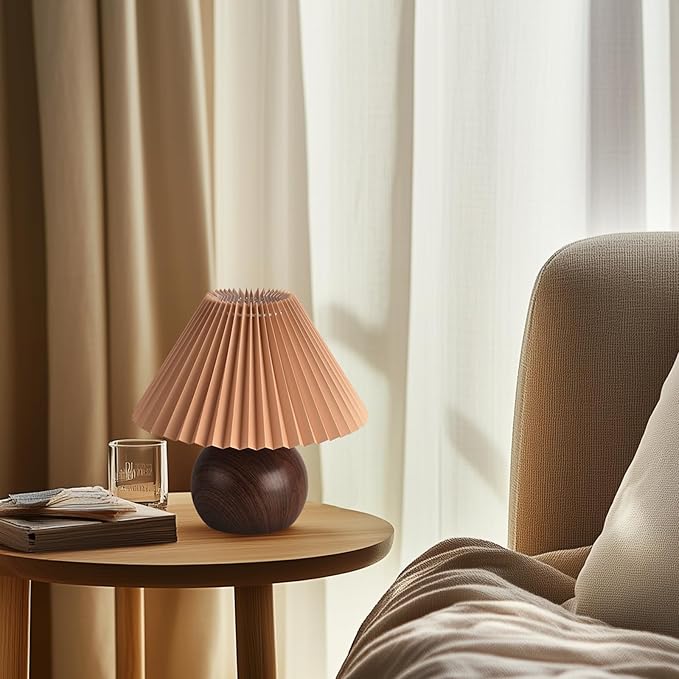 KUNJOULAM Retro Pleated Table Lamp, Modern Bedside Nightstand Lamp with Brown Shade, 5.9” Metal Base for Bedroom, Home Office, Living Room, Kids Dorm Without Bulb