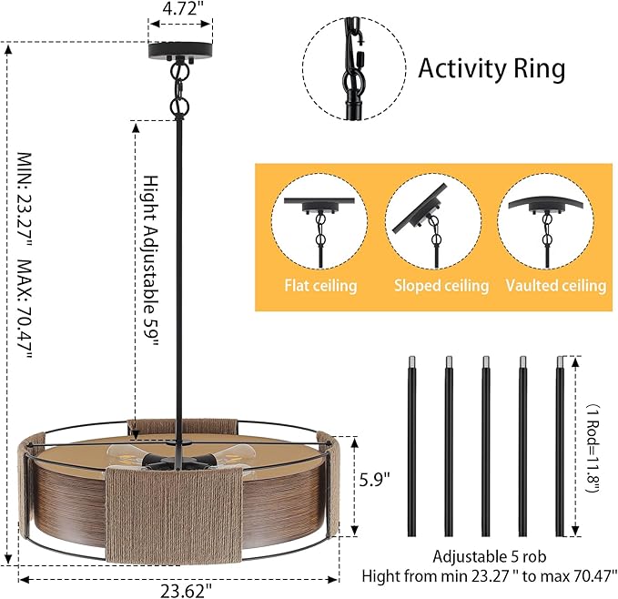 4-Light Rattan Chandelier, 23.62'' Dual-Layer Shade Light Rustic Rattan and Metal Wood Grain Round Pendant Kitchen Island Lighting Hanging Drum Chandeliers for Dining Room Foyer Bedroom Living Room