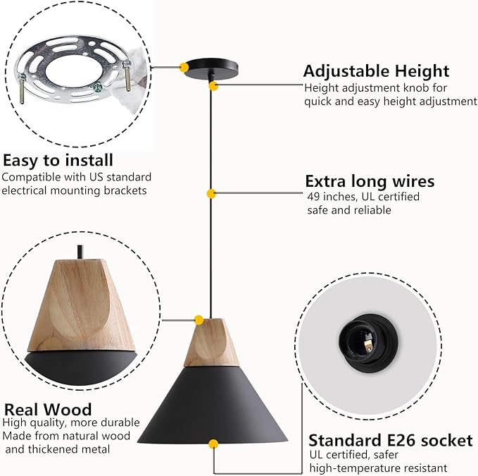 Modern Pendant Light,Solid Wood Matte Black Lampshade Style Ceiling Hanging Lamp,Pendant Lighting for Kitchen Island Dining Room Living Room Bedroom(Black-1 Pack)