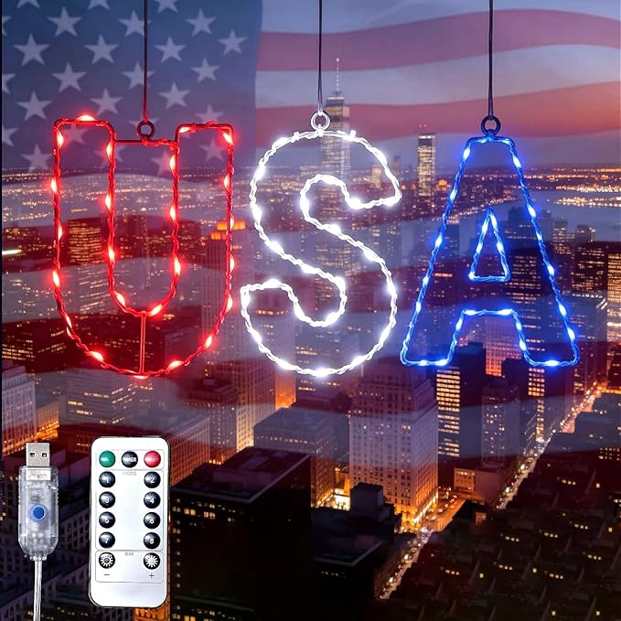 4th of July Window String Lights, USB Powered Twinkle Light for Independence Day Decorations, Memorial Day & Wedding Lights - Red White Blue Hanging Light with 68 LEDs for Trees & Home Decor