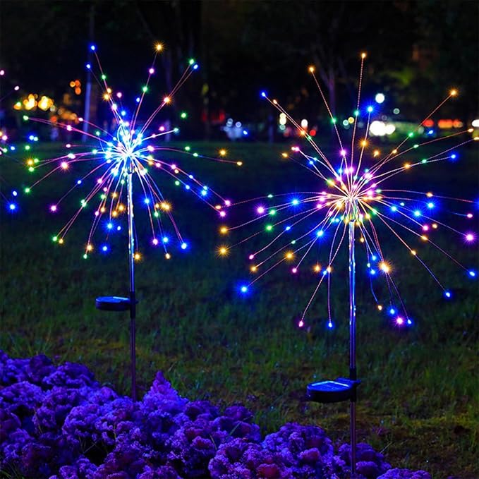 Outdoor Solar Garden Lights, 120 LEDs 8 Lighting Modes Waterproof Solar Fireworks Light Sparklers for Patio Walkway Yard Courtyards Pathway Christmas Party Decorations, Colorful(2 Pack)