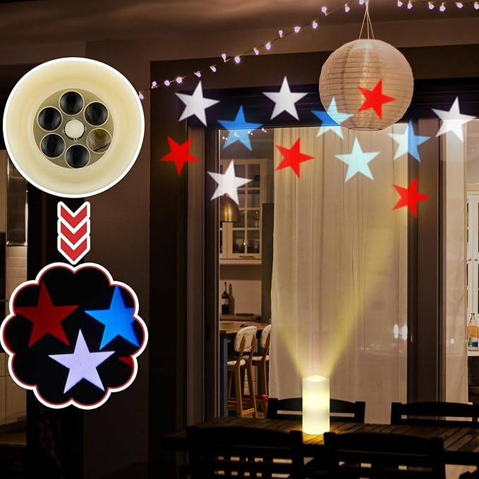 Baquler 4th of July Flameless Candles Patriotic Candles Projector Lights Colorful LED Candle Battery Operated Night Light with Remote and Timer Indoor Bedroom Decor