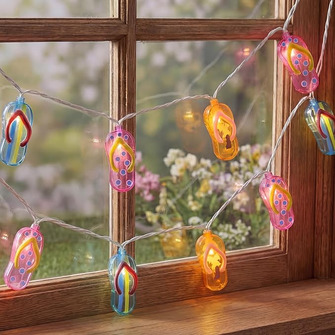 Tropical Beach Flip Flop String Lights, 8.5FT 10 LED Colorful Slipper String Lights Plug in, Hawaiian Summer Beach Themed Decorative Lights for Patio Bedroom Party Luau Pool Birthday Home Window Decor