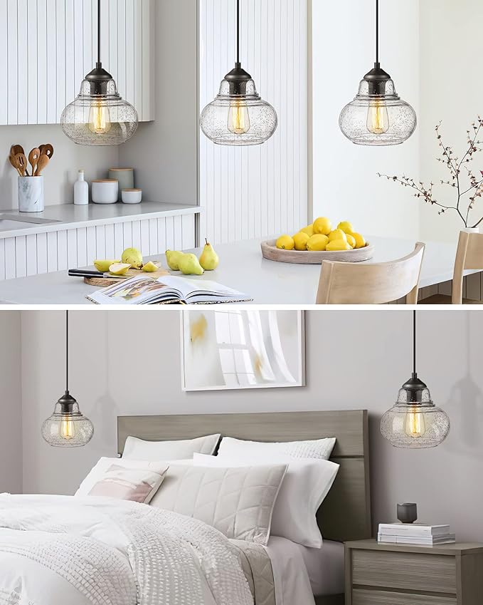 ELYONA 8 Inch Globe Pendant Light Bubble Glass Industrial Kitchen Island Hanging Pendant Light Fxiture Modern Hand Blown Seeded Glass for Farmhouse Dining Room Bar Bedroom Living Room Black