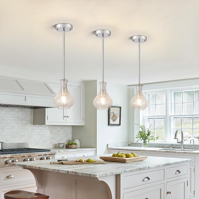 Brushed Nickel Pendant Lights Kitchen Island, 5.9" Modern Crackle Glass Pendant Light Fixtures Single Hanging Lighting with Adjustable Rods for Kitchen Island, Sink, Bathroom, E26 Base