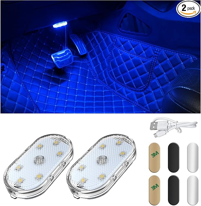 2 PCS Car LED Lights Interior Wireless, Magnetic Car Ambient Lighting with 6 Bright LED Lamp Beads, Portable USB Rechargeable Vehicle Interior Led Night Light for Car (Blue)