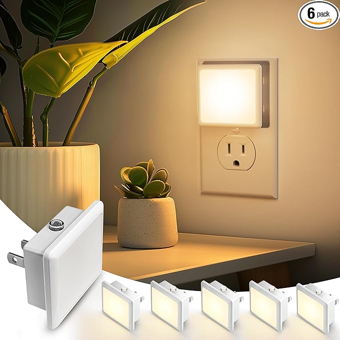 L LOHAS LED Night Lights Plug into Wall, [6-Pack] Plug in Night Light, Dusk-to-Dawn Sensor, 3000K Soft White 0.3W Bright Nightlight Auto-On/Off for Adults Kids Room Bedroom Bathroom Hallway Kitchen