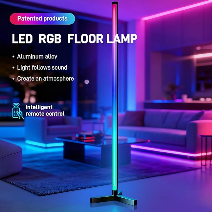 RGB LED Corner Floor Lamp, 16 Million Colors with Music Sync & Remote Control, Dimmable Foldable Minimalist Floor Lamp for Gaming Room, Living Room, Bedroom, Christmas Party Decor