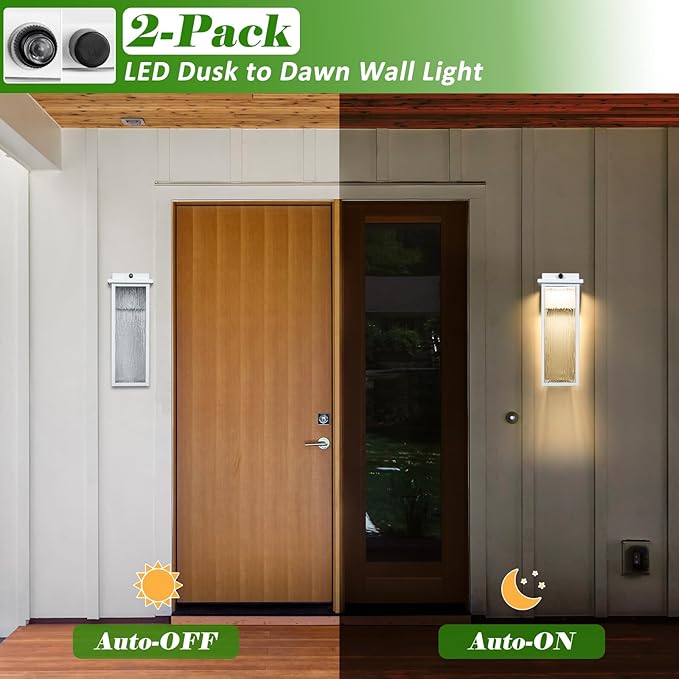 White LED Dusk to Dawn Outdoor Lighting 2 Packs, 16" Large Outside Farmhouse Wall Lantern, Industrial Porch Wall Mount Light Fixture with Rippled Glass, Waterproof Modern Exterior Sconce Lamp