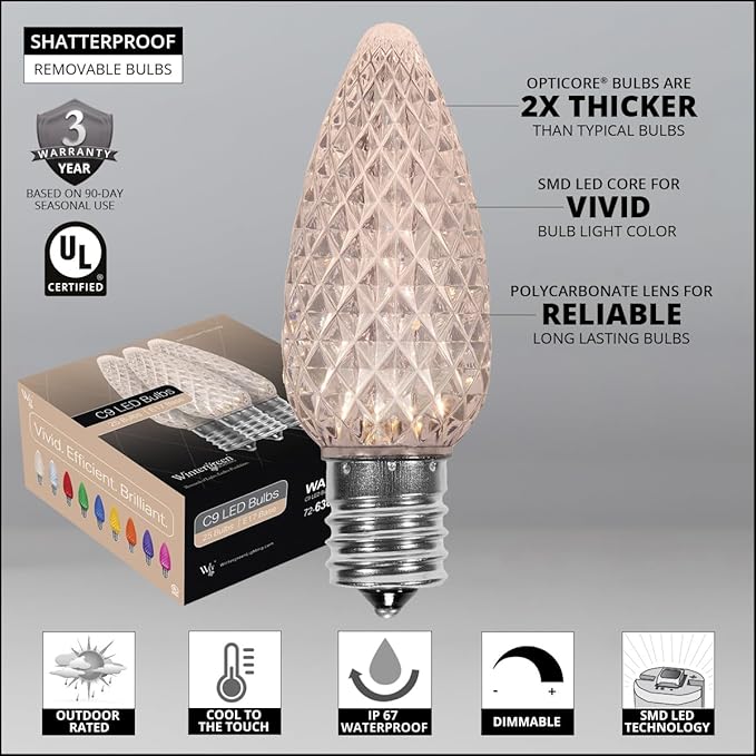 Wintergreen Lighting 50 C9 OptiCore LED Commercial Outdoor Christmas Lights – Heavy Duty Christmas String Lights; Green Wire (50 ft, Warm White)