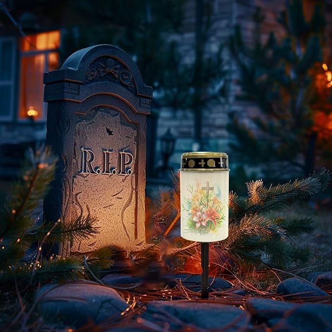 Cemetery Solar Lights Waterproof Solar Powered Grave Lights Corss Lily Landscape LED Flameless Candle Grave Decor Memorial Gift Garden Decor