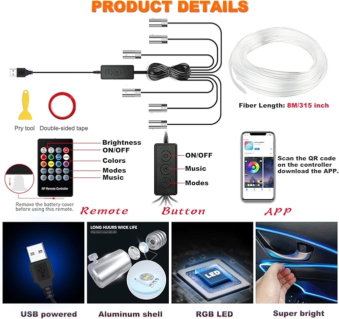 Car LED Lights, Interior Car Lights with Wireless APP/RF Remote/Button Control, Car Ambient Lighting Kit with 315" Integrated Molding Fiber Optic RGB Sync to Music (6 in 1-USB)