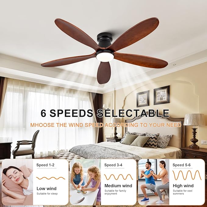 48 Inch Ceiling Fans with Lights and Remote, Low Profile Flush Mount Modern Wood Ceiling Fan with Light, 5 Blades, Dimmable, Wall Switch, 6 Speed DC Motor, Indoor Outdoor Ceiling Fan