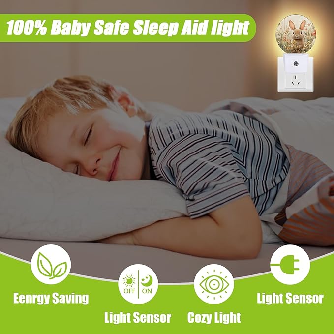 Cute Rabbit Night Light,Spring Wildflowers Plug-in Night Lights with Dusk-to-Dawn Sensor for Bedroom Bathroom and Living Room Sleep Friendly Rabbit