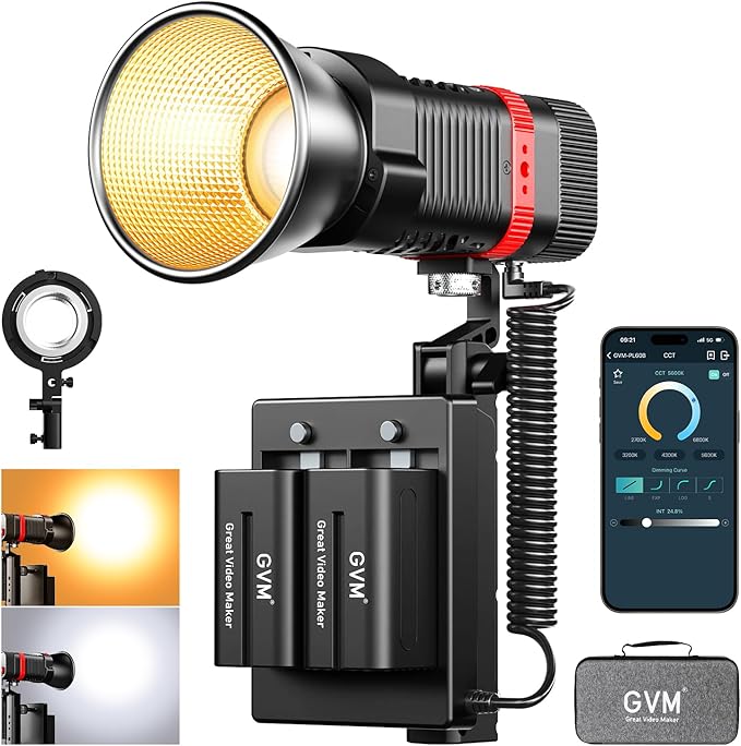 GVM 60W Video Light for COB Studio Lights, Portable Photography Lighting for Recording, Bowen Mount Adapter with Led Video Lighting, 2 Batteries, Spotlight for APP, Outdoor, 2700-6800K