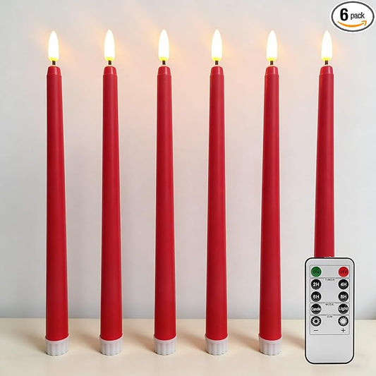 Red Flameless Taper Candles with Remote, Christmas LED Candlesticks Battery Powered Flickering Set of 6