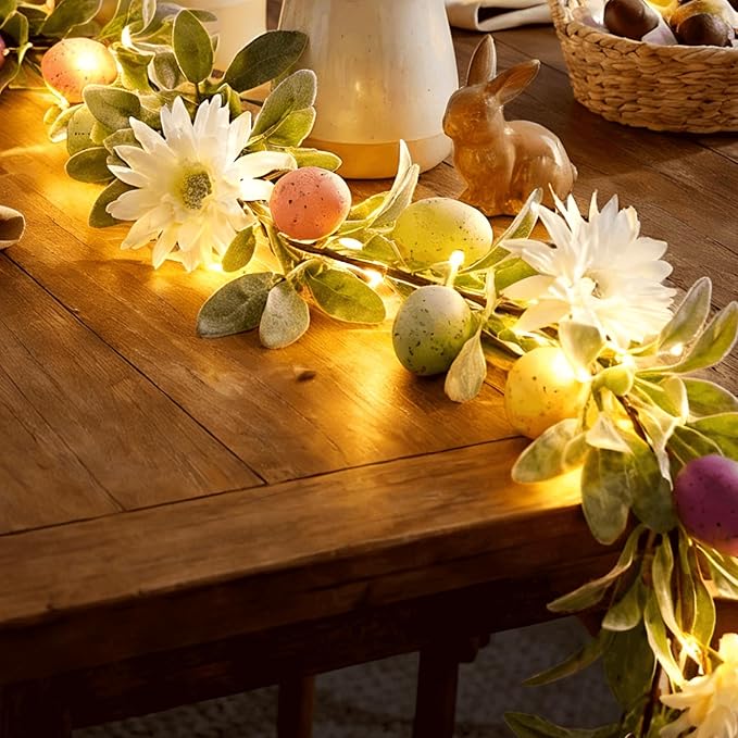 6ft Pre-Lit Easter Garland with 40 LED Lights, Artificial Waterproof Lambs Ear Spring Floral Greenery with Pastel Eggs & Daisy Flowers for Fireplace Mantels, Tables, Walls,Indoor & Outdoor Decor