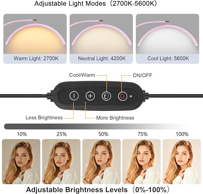 Half Moon Lash Light for Eyelash Extensions & Estheticians, Dimmable LED Lash Lamp with Flexible Gooseneck, Shadow-Free Moon Light for Lash Tech, Tattoo, SPA, Eyelash Lamp (Pink)