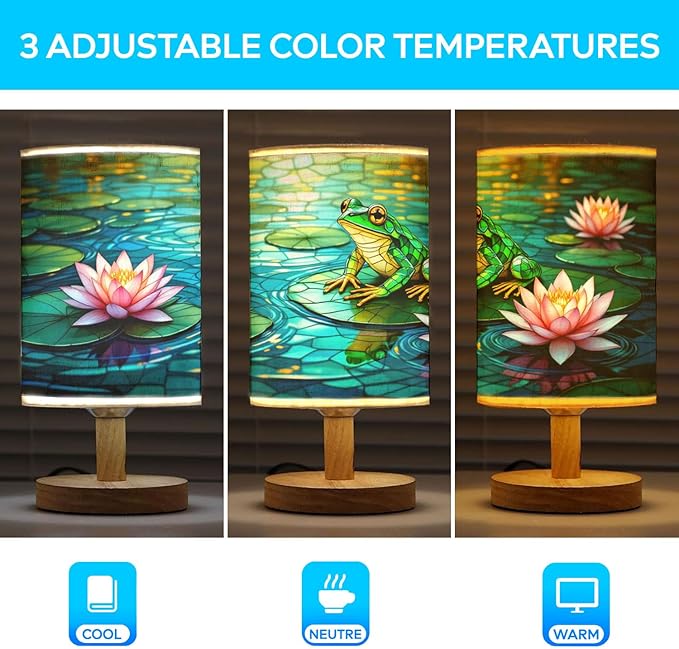 Frog Table Lamp LED 3-Color Pressed Bedside, Frog Shade Lamp with Wood Base for Bedroom Living Room Desk Office TL01