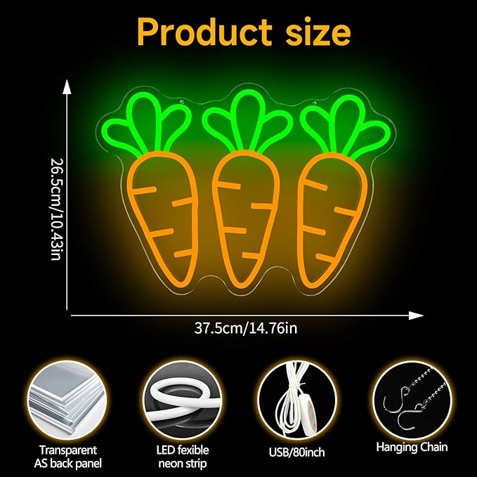 Carrot Neon Sign for Wall Decor Easter Led Sign Three Carrot Neon Light Easter Decorations Vegetable Shop Light Up Signs for Spring Bar Home Holiday Party Window Gifts Business Coffee Garden