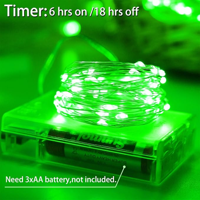 YAOZHOU St Patrick’s Day Decorations Green Fairy String Lights,Christmas Indoor Battery Operated with Timer, 2 Pack Total 33FT 100 Led Mini Battery Powered Mason Jar Firefly Lights DIY Party