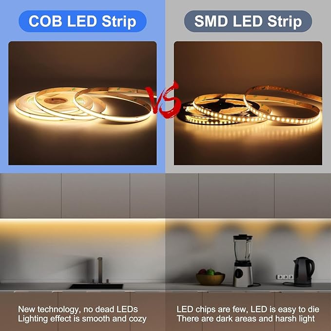 COB LED Strip Light, IP30 DC12V 6000K High Density Uniform Light 480LEDs/M Super Bright CRI>90 16.4ft Tape Dotless Cuttable Flexible for Cabinet Home Indoor DIY Lighting (No Power or Controller)