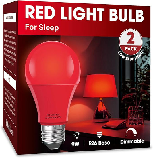 Red Sleep Light Bulb 2 Pack，Red Light Bulbs for Healthy Sleep,Blue Light Blocking,A19 9W(60W Equivalent) E26 Base Night Light for Bedroom, Baby Nursery Room