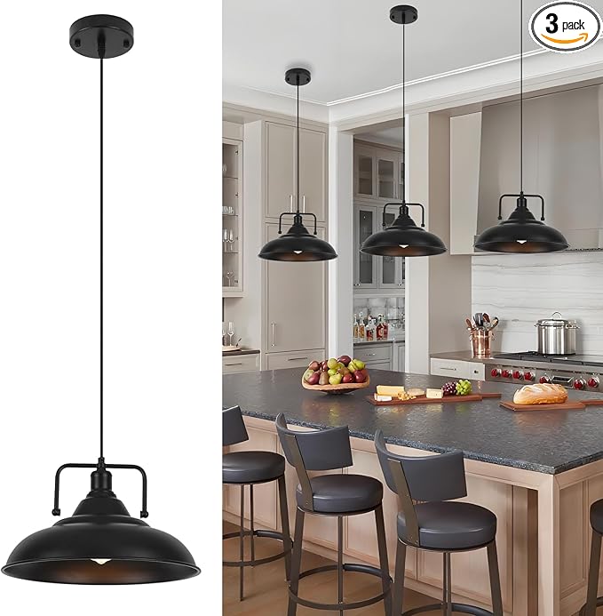 Black Pendant Light, Large Pendant Light 15.7" 3 Packs, Modern Farmhouse Pendant Lights, Kitchen Pendant Lights, Pendant Lighting Kitchen Island for Kitchen, Living Room