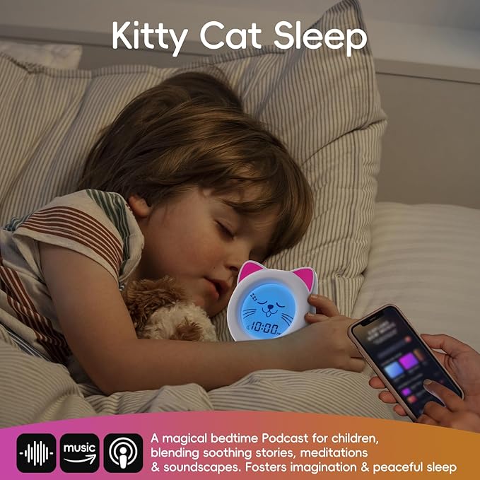 B&H Sleep Trainer Clock for Toddler - Ok to Wake Clock, USB Rechargeable Cat Kids Alarm Clock, Drop Proof, Night Light, Science-Backed Lighting for Peaceful Sleep and Ready to Rise Mornings - Kitty