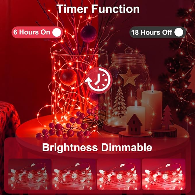 AIKEI 6 Pack LED Fairy Lights with Timer Battery Operated, Mini String Lights with Remote Waterproof 7ft 20 Led Firefly Starry Lighting for Wedding Party Bedroom Garden Christmas Decoration Red