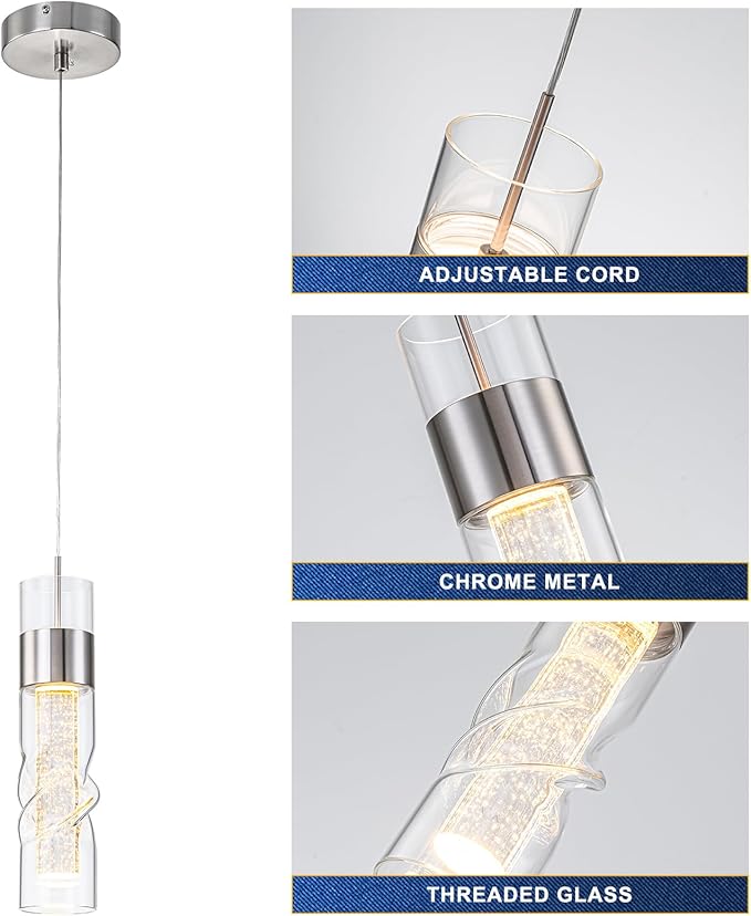 WILON Led Kitchen Ceiling Light, 24W Crystal Hanging Lights with Threaded Clear Glass, Adjustable Modern Led Kitchen Light Fixtures Pendant Light for Dining Room Bedroom(3 Pack)