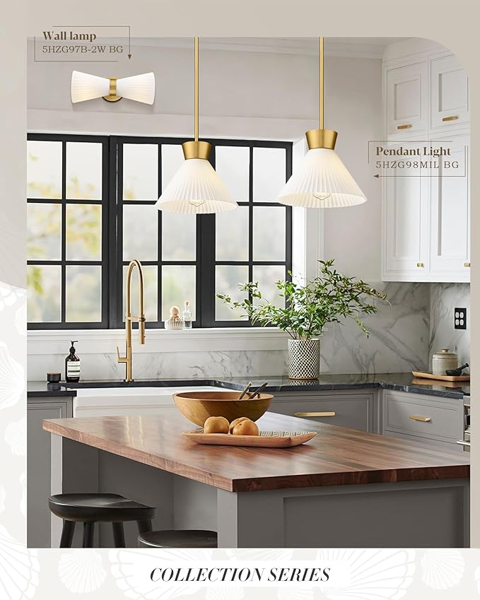Modern Pendant Light White and Gold, HWH Large Kitchen Island Light Fixtures 16 Inch, 3-Light Hanging Lighting for Dinning Room Schoolhouse, Frosted Striped Glass Shade, 5HZG98MIL-M BG