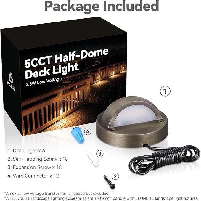 LEONLITE Update 5CCT LED Low Voltage Deck Lights, 180LM 3.74inch Landscape Step Railing Fence Light, 12-24V AC/DC, CRI90, Die-cast Aluminum Housing & Frosted Glass Lens, UL Cord, Bronze, Pack of 6