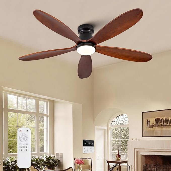 48 Inch Ceiling Fans with Lights and Remote, Low Profile Flush Mount Modern Wood Ceiling Fan with Light, 5 Blades, Dimmable, Wall Switch, 6 Speed DC Motor, Indoor Outdoor Ceiling Fan