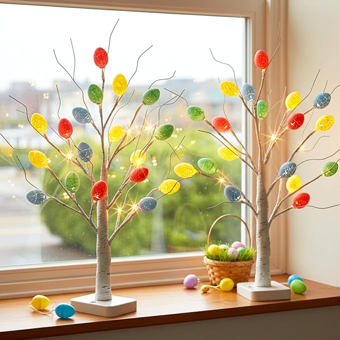 PEIDUO Easter Decorations, 2 Pcs Lighted Easter Tree with 36 Eggs, Battery Powered Birch Tree with Timer for Spring Decoration Indoor Decor (22inch /24 LEDs