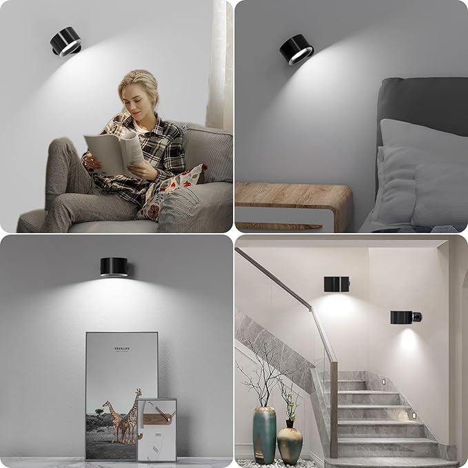Koopala 2PCS Rechargeable Battery Operated LED Wall Lamps, Wall Mounted Lights with 3 Brightness 3 Color Temp Removable Charging 360°Rotate Magnetic, Cordless Wall Sconces for Reading Bedside-Black