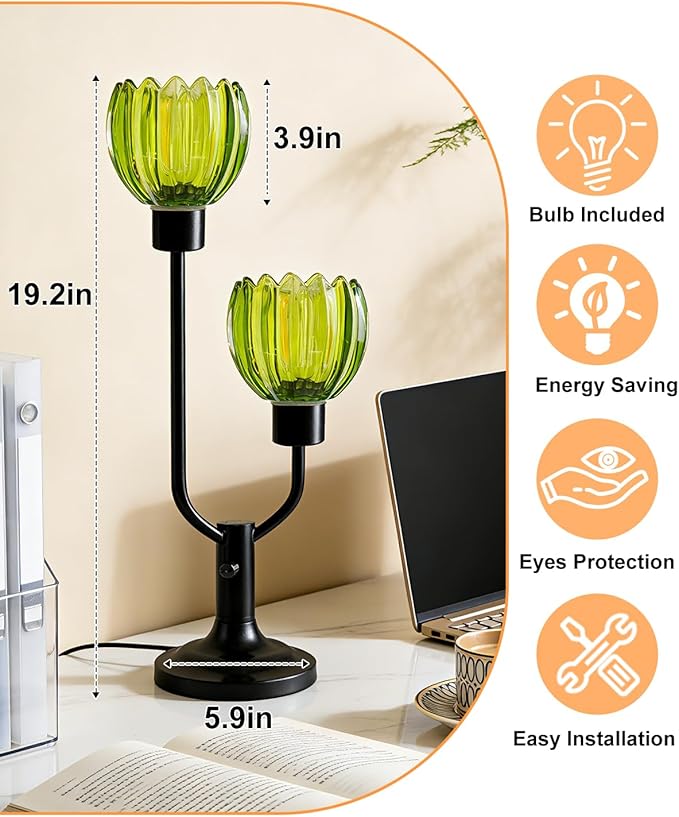 Lightdot Mid Century Modern Glass Table Lamp Black Dimmable U-Shaped Desk Lamps with Green Lotus Glass Shade& 2Pcs 3000K Warmwhite Bulbs Included Bedside Nightstand Lamp for Living Room Bedroom