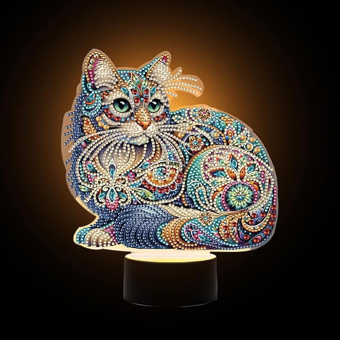 Gorgeous Cat Diamond Art Painting Night Light,Diamond Art Painting Kits Desktop Touch Lamp Ornaments for Tabletop Decor Diamond Art Accessories for Adult Beginner Bedrooms Living Room