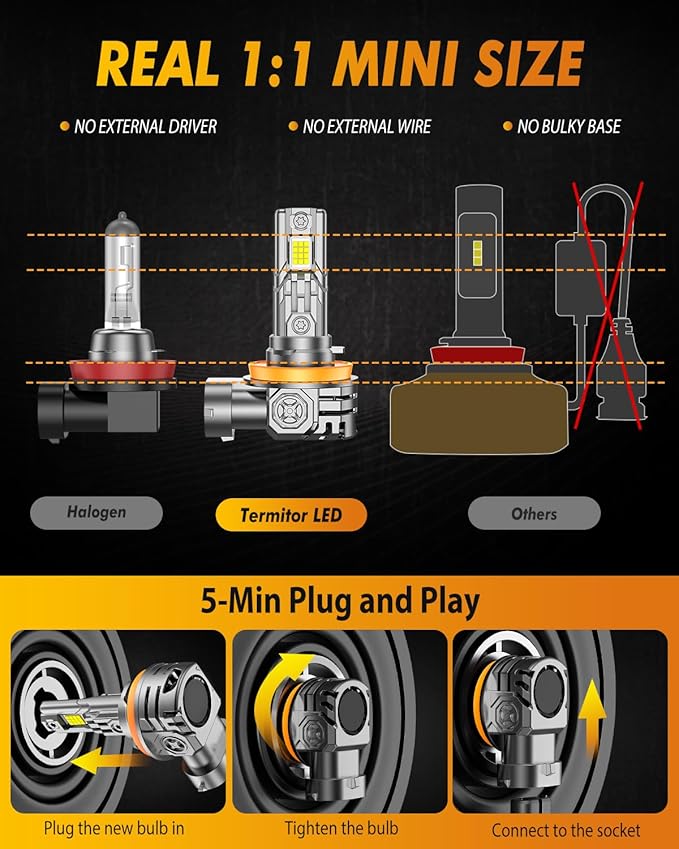 FAHREN 2025 Upgraded H11/H9/H8 LED Bulbs, 80000LM 1000% Ultra-Bright, Real 1:1 Mini Size, H11 Light Bulb Halogen Replacement, 6500K Cool White, Quick Install No Adapter Needed, Pack of 2